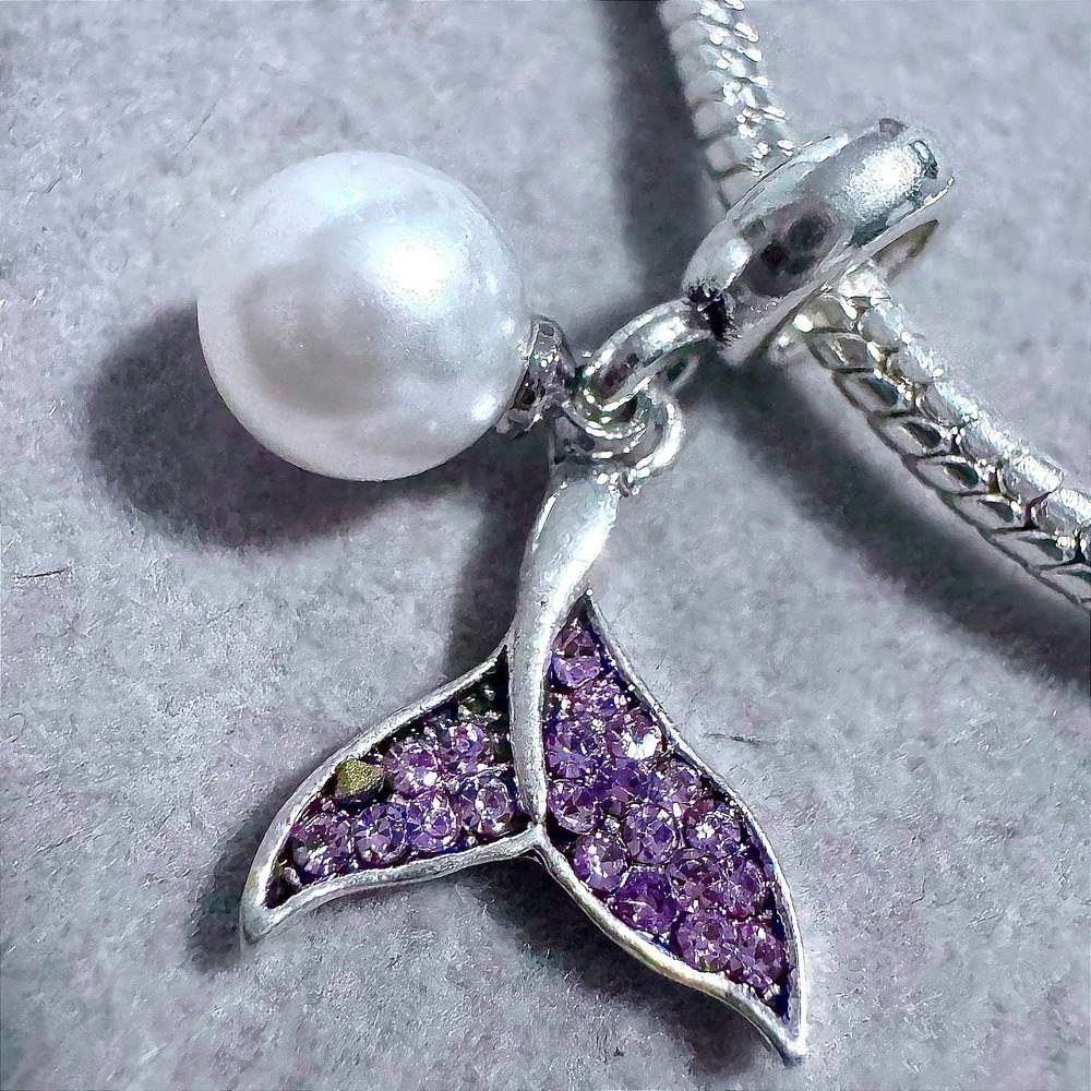 Silver Tone Mermaid Tail Charm Bead Purple Crystal Pearl Dangle Bracelet Jewelry